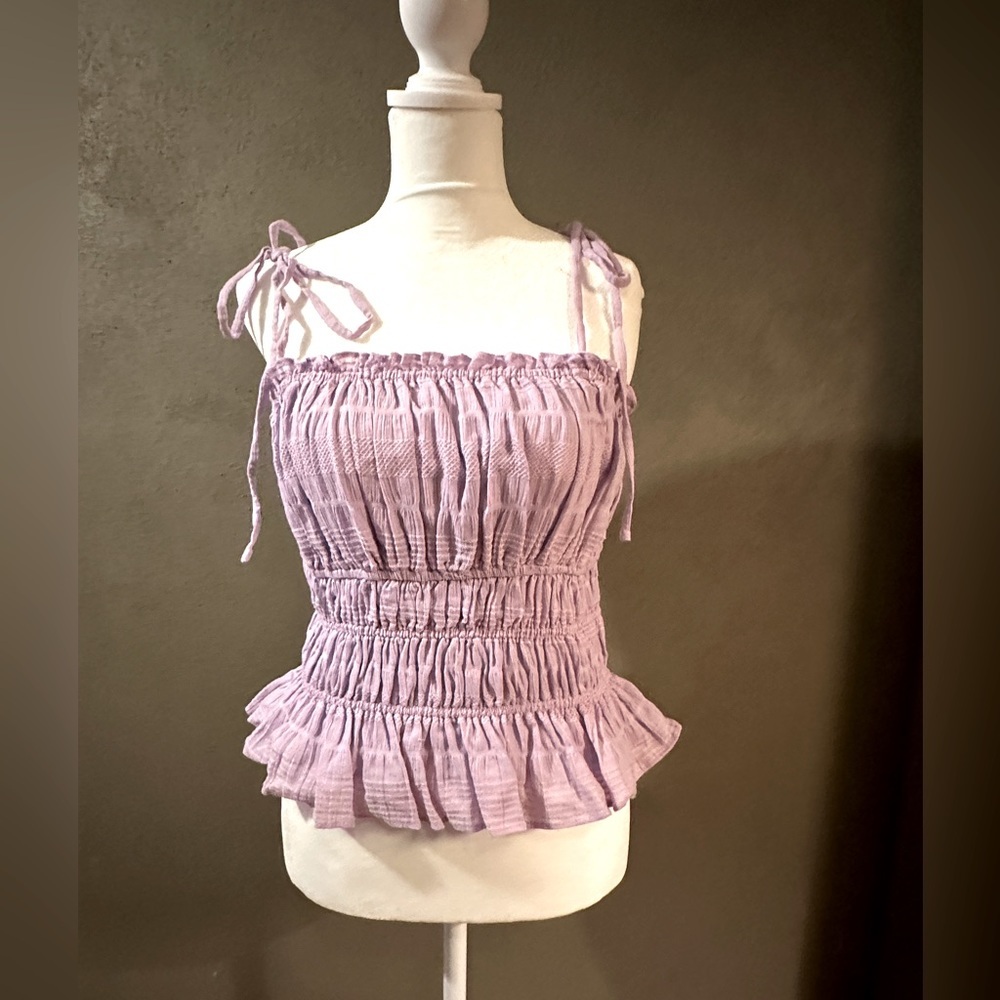 Rouched Zariah top with ties on shoulder, lavender, XS